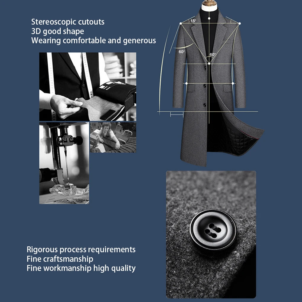 Wool Trench Coat Breathable Cashmere Coats Skin Friendly Solid Slim Overcoat Windbreaker Warm Male Clothes Black L