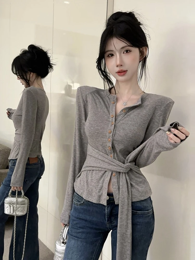 Sweet Pure Desire Girl Long Sleeve Knitted Waist Cinching Base Layer T-Shirt Sexy Girl Atmosphere Knitwear Open Cardigan Top