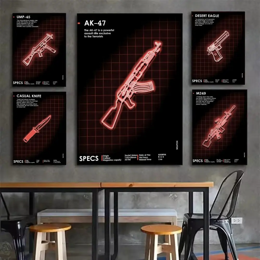 Neon Gun Cool Gun Similar to CS GO Poster Self-adhesive Art Waterproof Sticker Coffee House Dorm Room Wall Decor