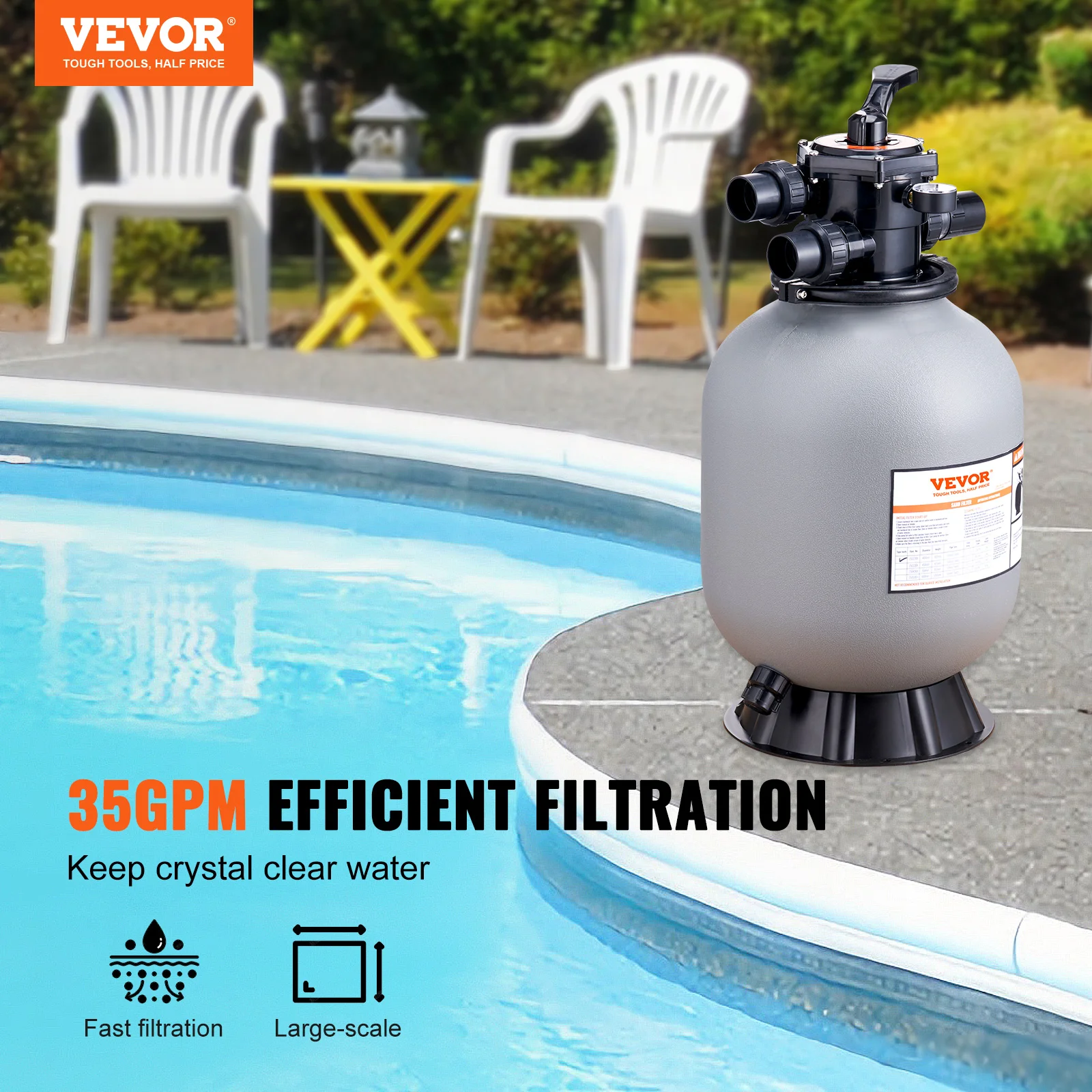 VEVOR Sand Filter 22-inch Up to 55 GPM Flow Rate Above Inground Swimming Pool Sand Filter System with 7-Way Multi-Port Valve