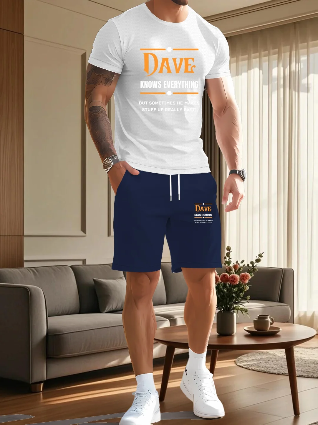

2-piece men's casual sports set, men's short sleeved round neck T-shirt and drawstring shorts with pockets