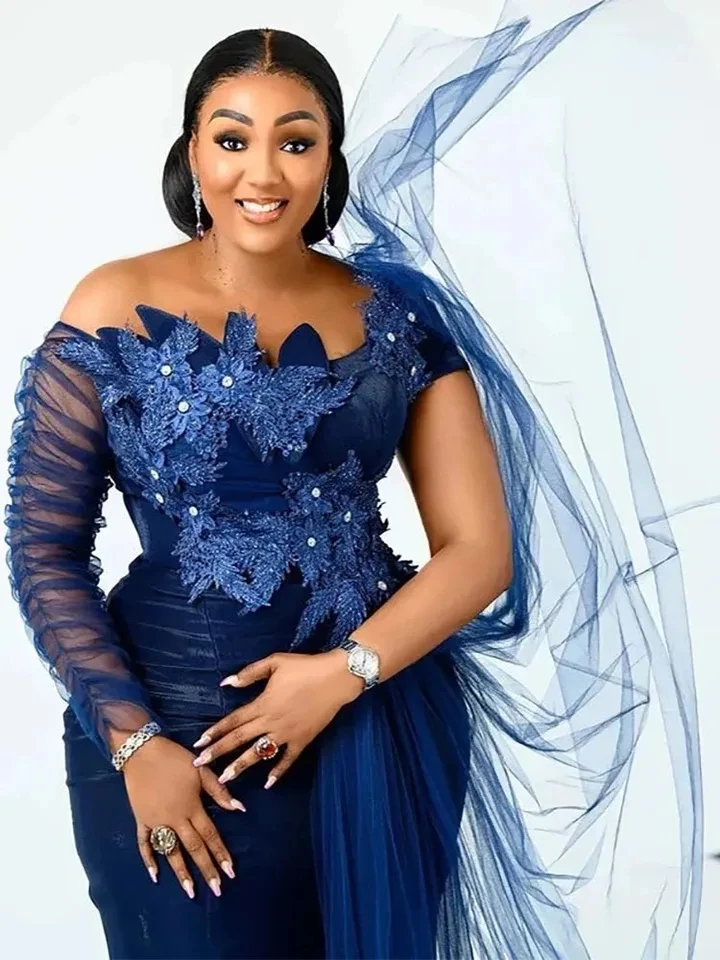 Plus Size Nigerian Navy Blue Prom Dresses Customized Appliques Pleated Tulle African Formal Party Dress Aso Ebi Evening Dress