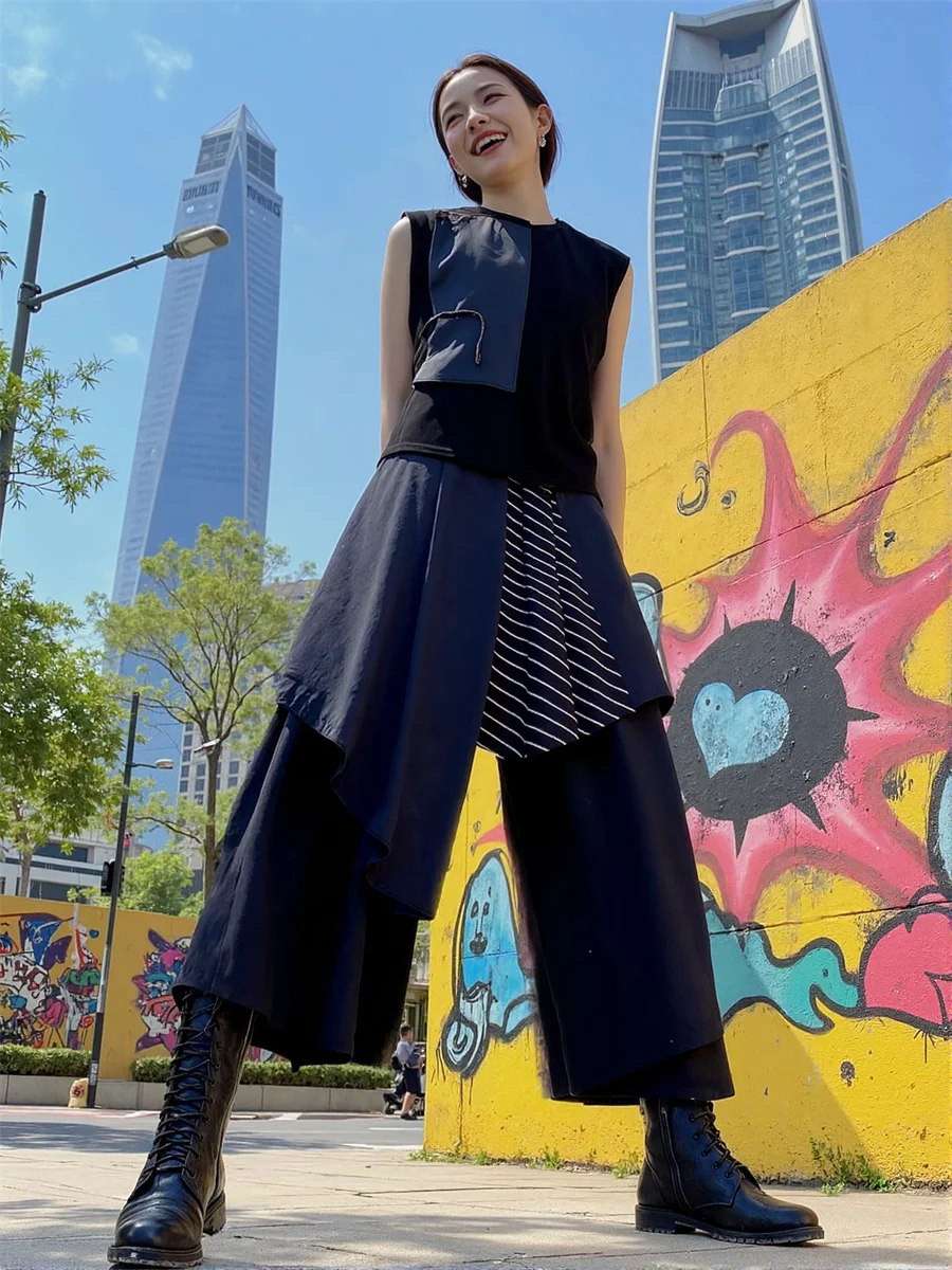 سراويل نسائية كاجوال بجيوب سوداء مرقعة موضة نسائية متباينة الألوان تصميم كتلة ملابس الشارع العصرية فضفاضة عالية الخصر مستقيمة #5