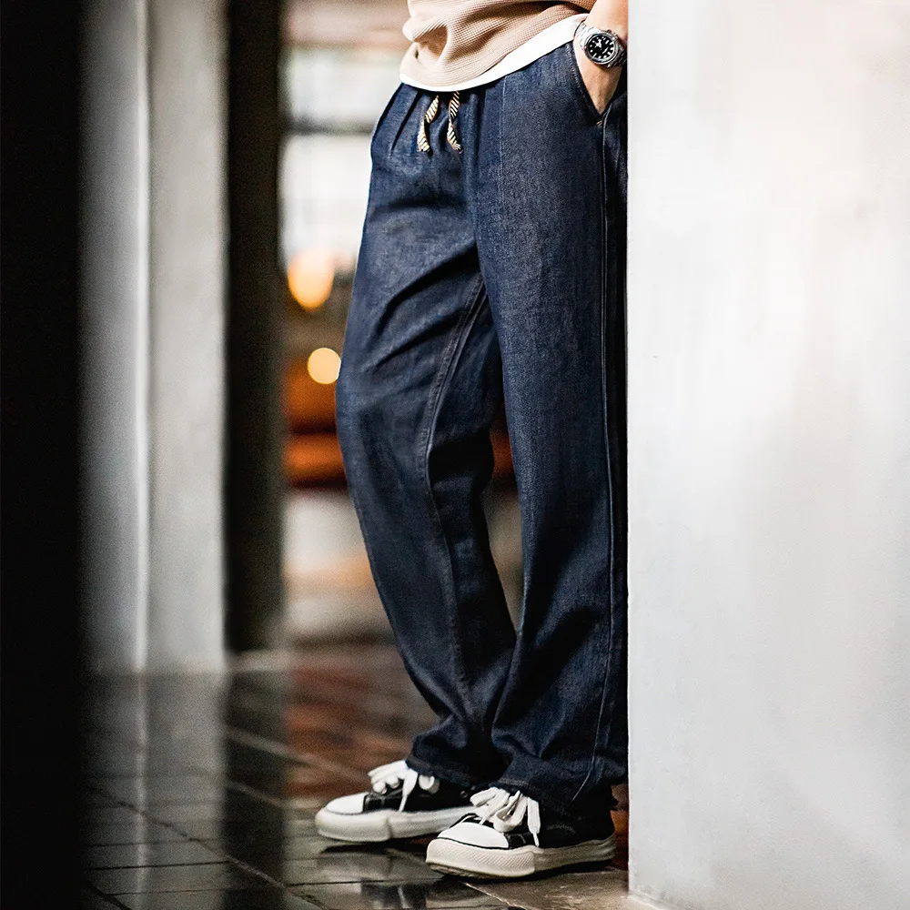 Madden workwear American casual ice leather jeans denim washed double pleated raw edge loose straight trousers men's autumn
