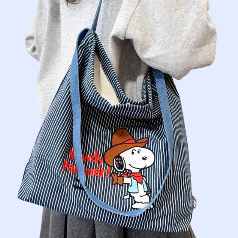 

Kawaii Anime Snoopy Series Large Capacity Canvas Striped Shoulder Bag Cartoon Creativity Multi Functional Embroidered Tote Bag