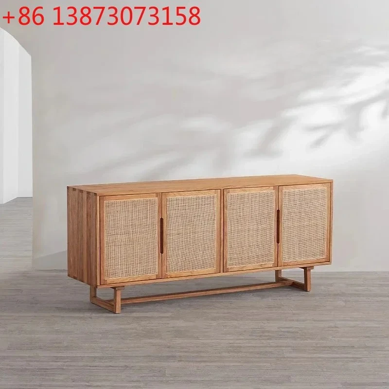 Rr R Japanese Antique Solid Wood Rattan Art Side Cabinet, Retro Elm Rattan Braided Four-door Porch Locker