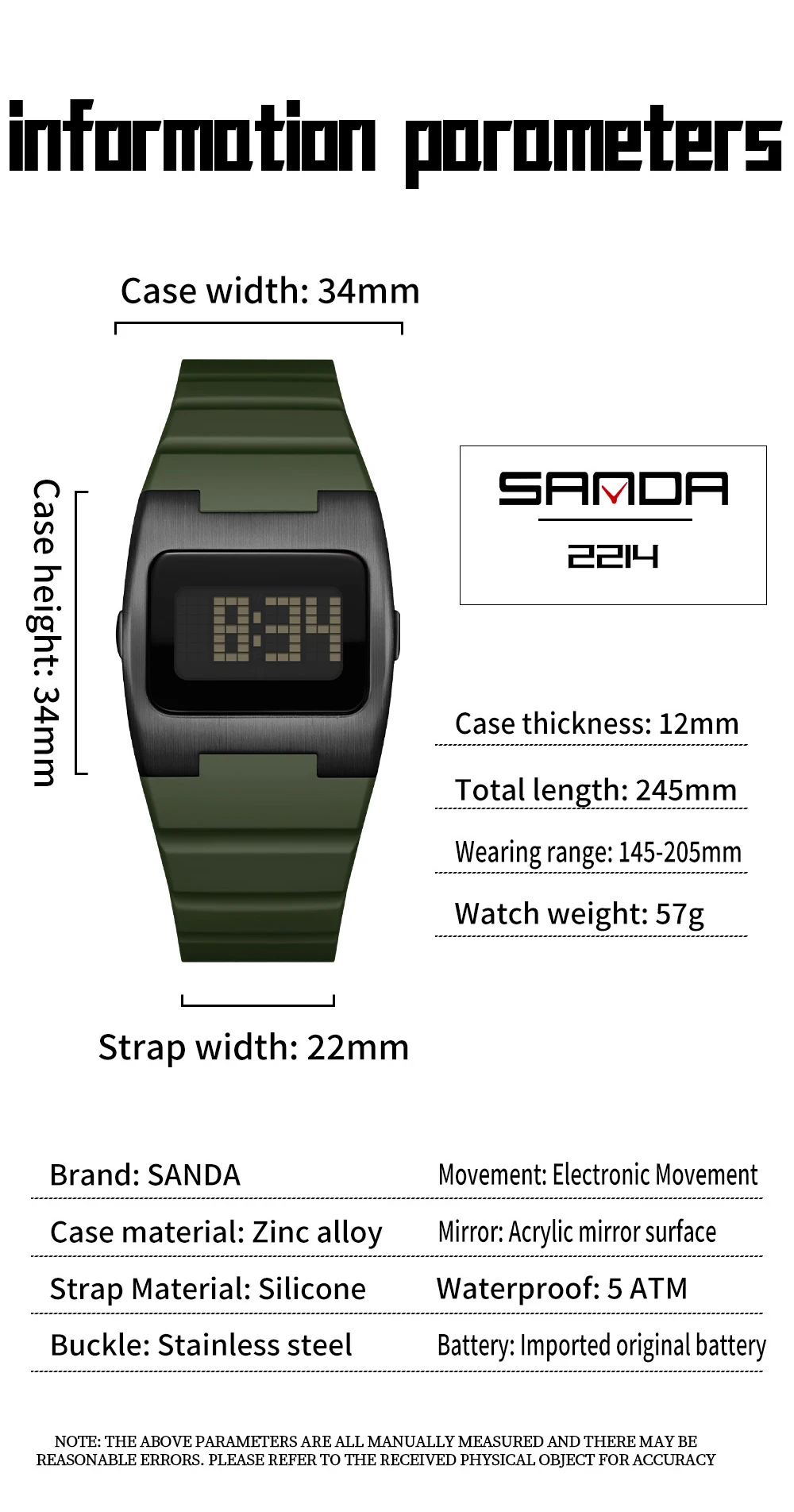 SANDA 2214 New Men's Digital Multifunctional Night Light Timer Calendar Outdoor Sports Waterproof Student Electronic Watch reloj