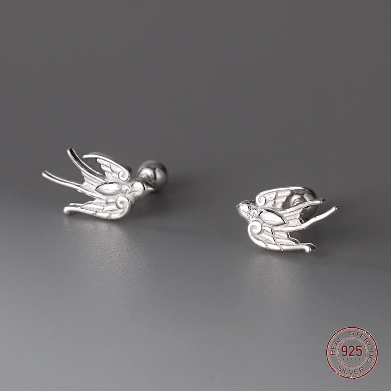 

925 Sterling Silver Swallow Bird Stud Earrings for Girls Vintage Animal Lady Screw Ornament Earring Piercing Jewelry Enfashion