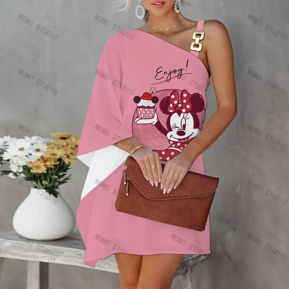 Luxury Dress Flare Sleeve Leisure Diagonal Collar Fashion Evening Dresses for Women 2022 Mickey New Disney Y2k Minnie Mouse Gala