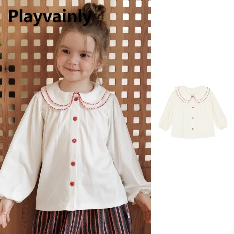 

Girls' Shirt with Double Peter Pan Collar 2025 New Spring Autumn Long Sleeve Single Breasted Blouse Kids Versatile Tops W5251