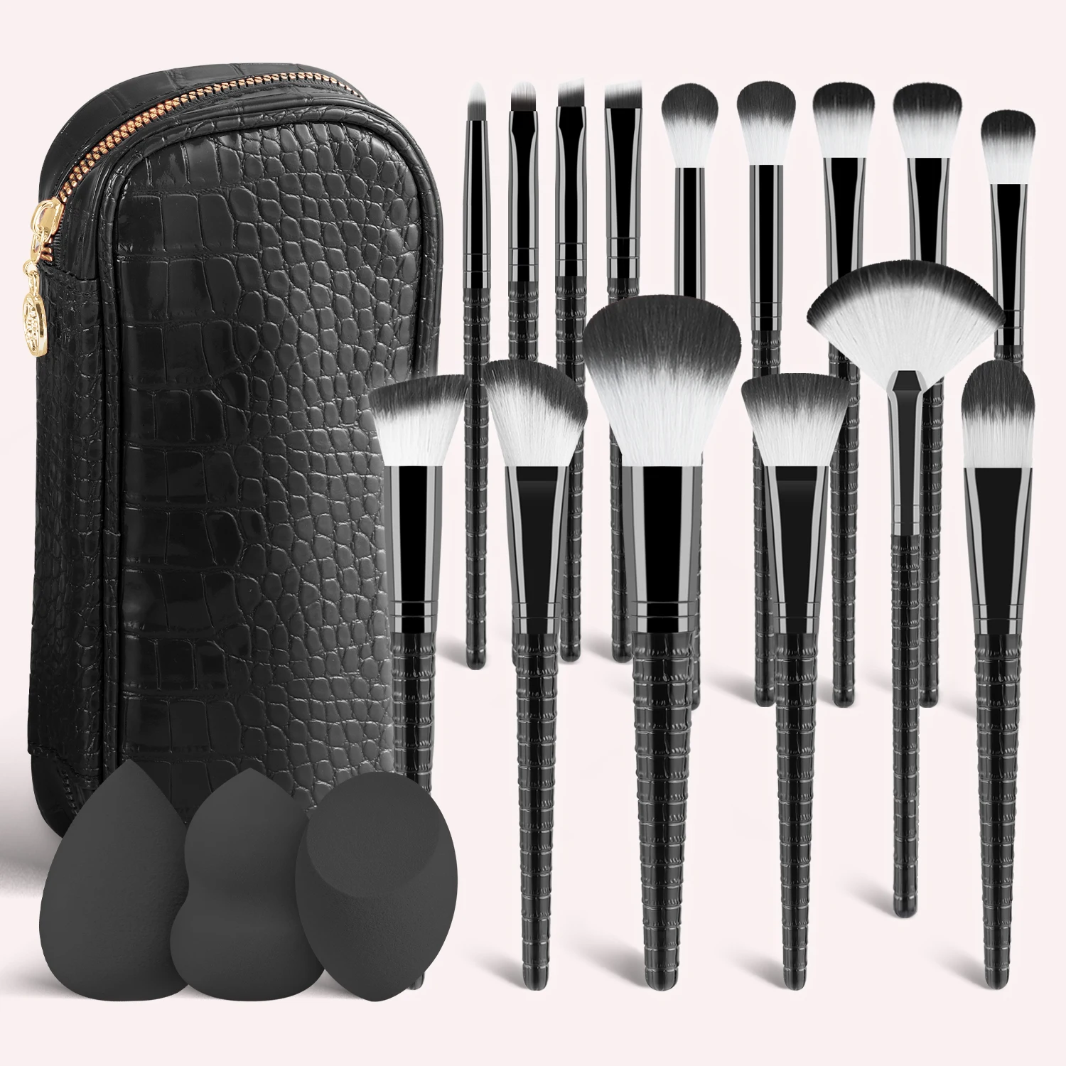15Pcs Complete Makeup Brush Kit with Bag & 2 Beauty Sponges, Face Eye Brushes for Beginners & Artists