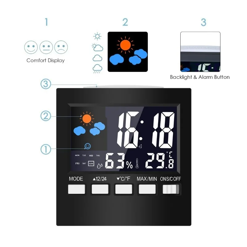 Station de prévision météo multifonctionnelle avec écran LCD, température intérieure, moniteur d'humidité, réveil, calendrier, commande vocale