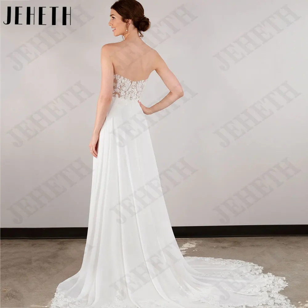 JEHETH senza spalline a-line abiti da sposa in Chiffon Boho senza maniche Backless abiti da sposa Appliques abiti su misura para mujerJEHETH senza spalline a-line abiti da sposa in Chiffon Boho senza maniche Backless a