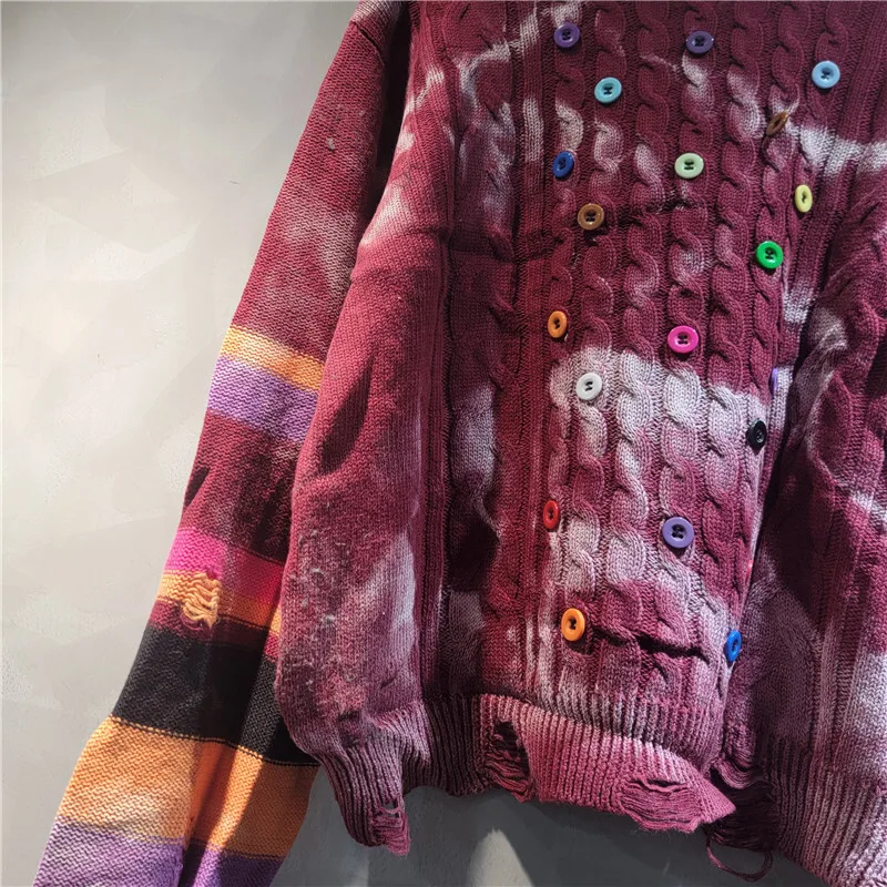 WTHT mode nouveau femmes épissé paillettes dégradé rayé tricot pull 2025 été col rond manches longues pulls femme 1LS2143