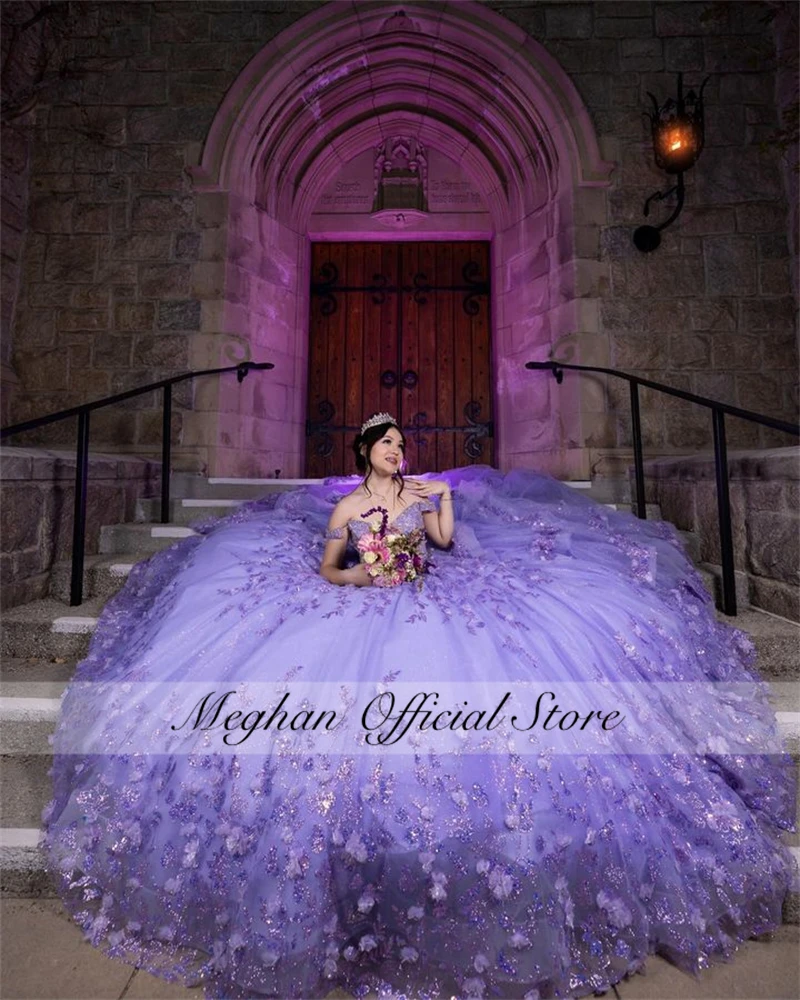 Purple Off The Shoulder Quinceanera Dress 2024 Beaded Prom Dress Ball Gown3D Flowers Puffy Tiered Luxury Sweet 16 15 Customized