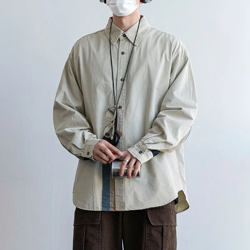 

Japanese Style Solid Retro Loose Casual Long Sleeve Shirt Men Spring Autumn New Season Color Block Collar Jacket Trend