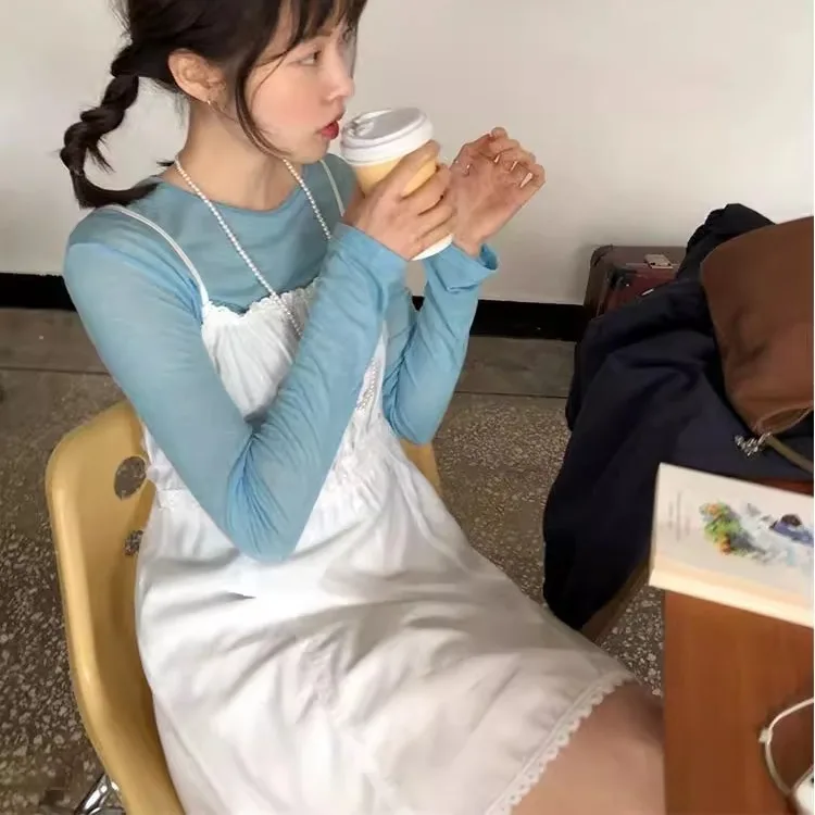 Vestido f com renda, alças, camadas internas, saia curta, estilo casual para primavera, verão e outono, sem mangas, ca...