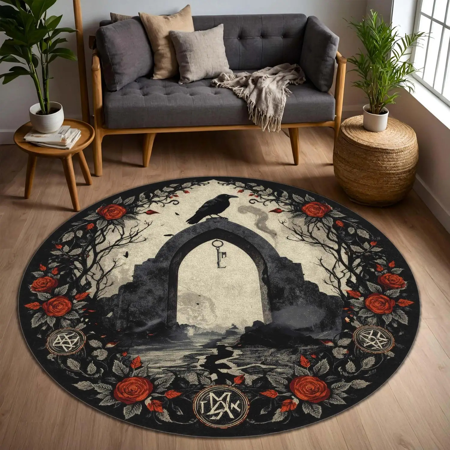 【Room Decoration Carpet】Gothic Raven Portal Round Carpet, Witch Red Rose Mystical Circle Carpet, Dark Academy Style Fantasy Arch Key Decoration, Halloween Mystery Floor Mat