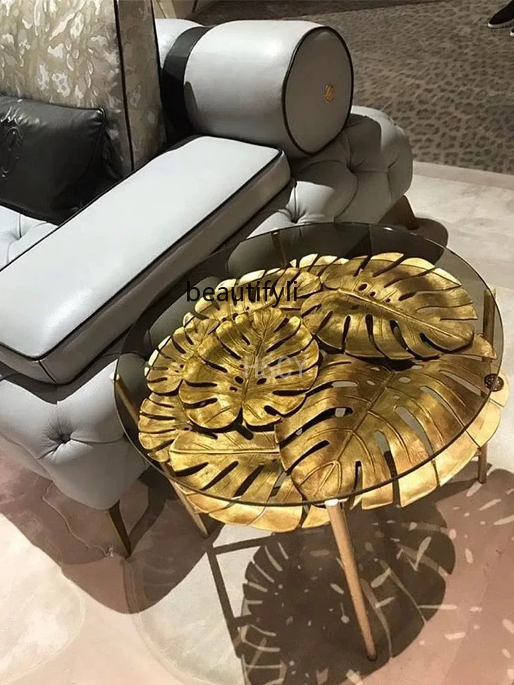 Italian Light Luxury Pure Copper Tea Table Villa Living Room Brass Glass Leaf Shape Luxury Side Table furniture  living room