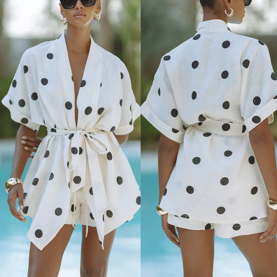 

VEITCHE Elegant Women Casual Polka Dot Print Linen Cardigan Short Pant Set V-neck Lace-up Short Sleeve Pocket 2Pc Suit Vacation