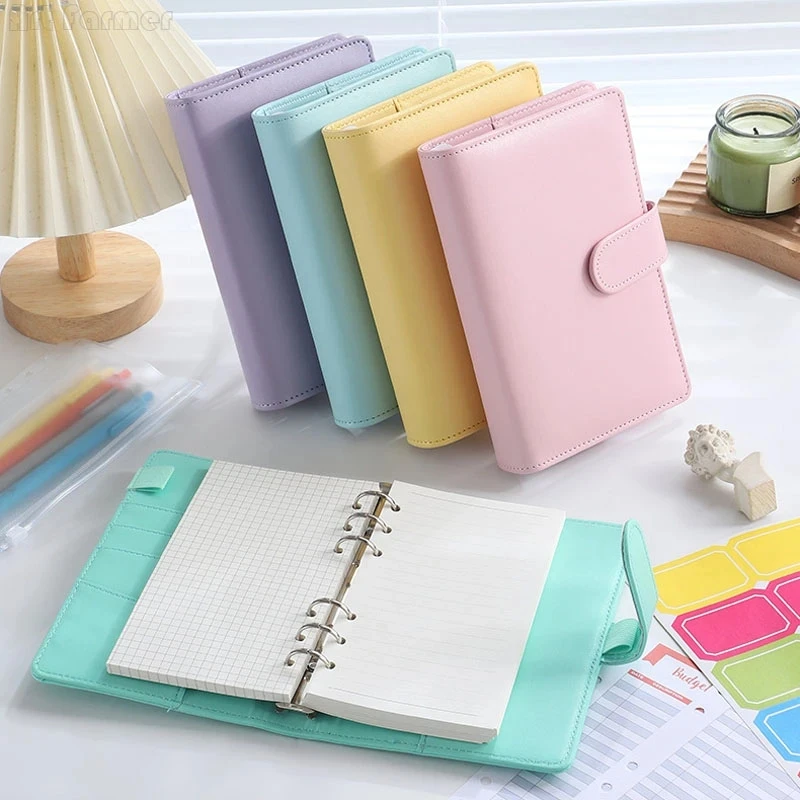 Notebook A7 Macaron 6 Ring Binder PU Clip-on Notebook Leather Loose Leaf Notebook Cover Journal Kawaii Stationery