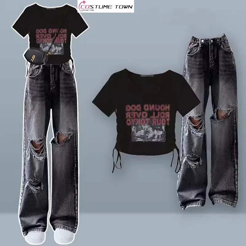 T-shirt à manches courtes pour femmes, ensemble deux pièces, coréen, doux, cool, taille haute, jeans perforés personnalisés, mode estivale