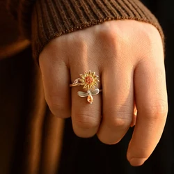 Adjustable Spinning Sunflower Anti Stress Ring For Women Rotatable Pain Relief Fidget Rings Fashion Jewelry