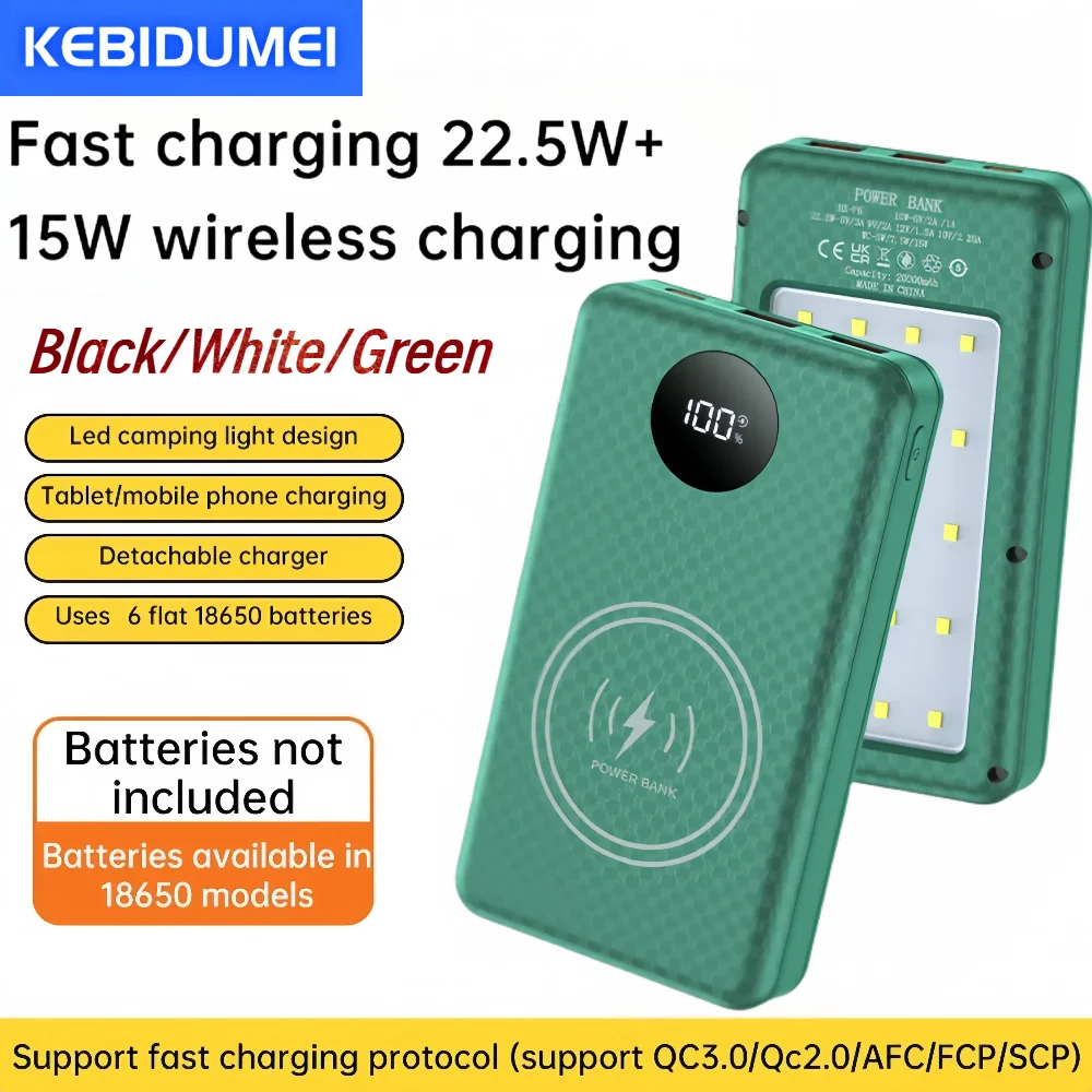 6 x 18650 Batteries Power Bank Case 22.5W + 15W Wireless Fas