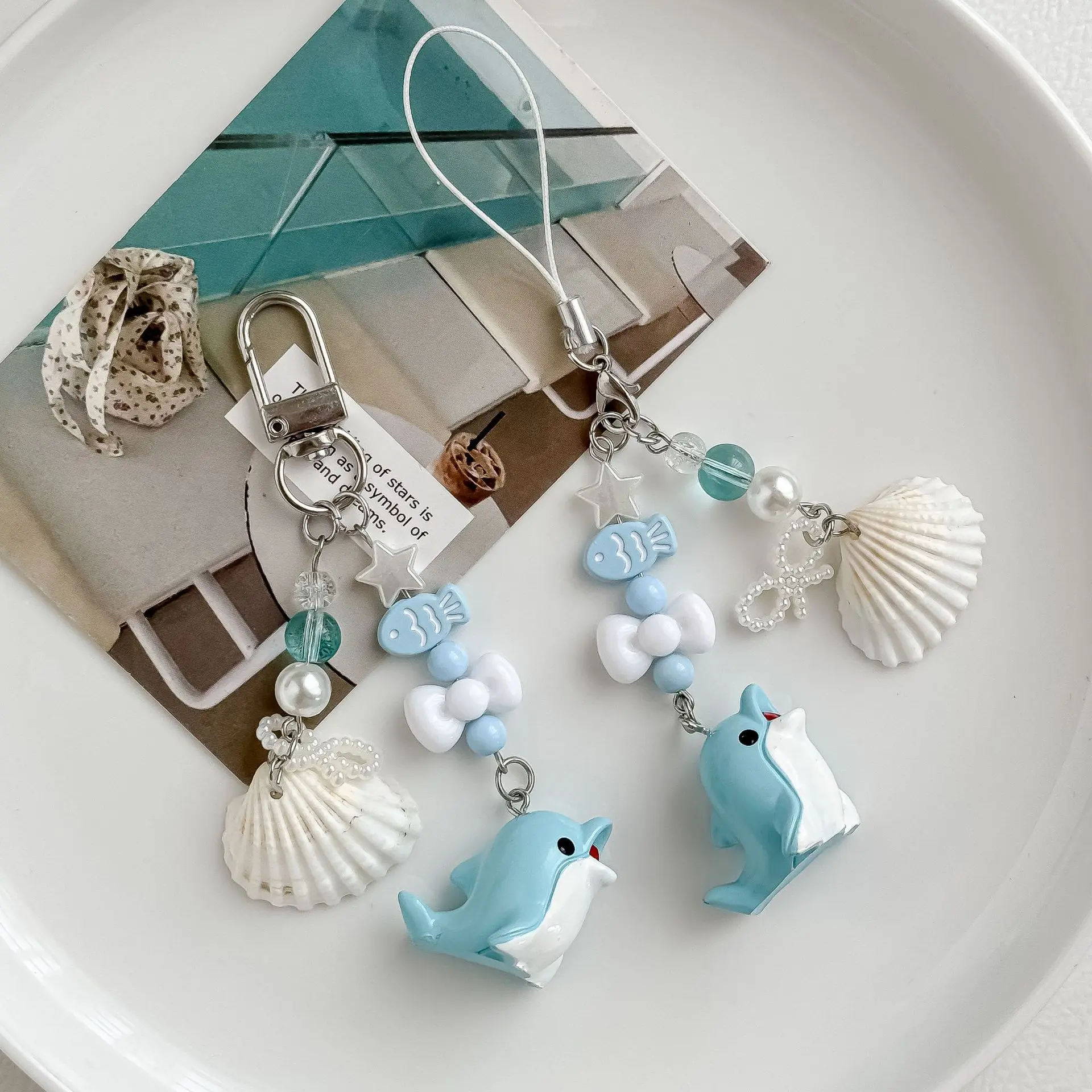Handmade Shell Ceramic Fish Phone Strap, Starfish Bag Charm, Camera Lanyard & Keychain for iPhone, Samsung, Huawei
