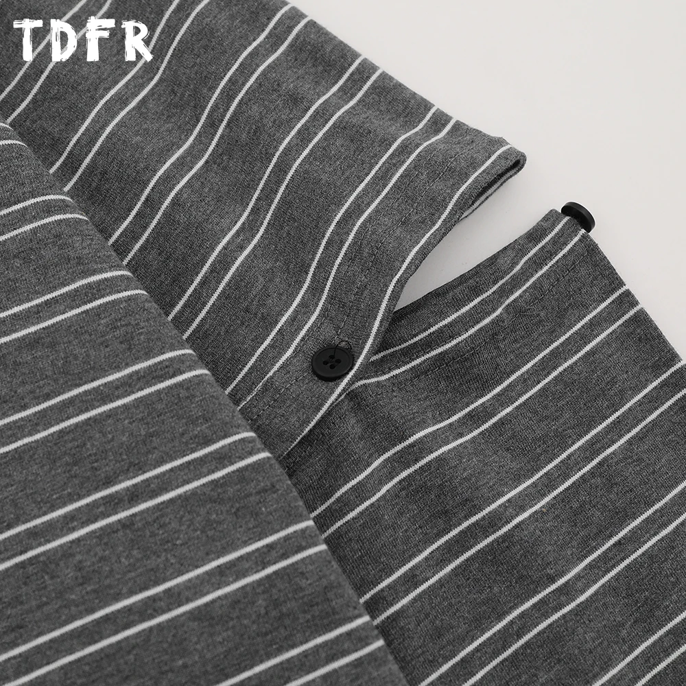 Kieszonkowa koszulka w paski męska z odpinanymi rękawami jesienna retro codzienna luźna koszulka z okrągłym dekoltem luźna bawełniana koszulka męska