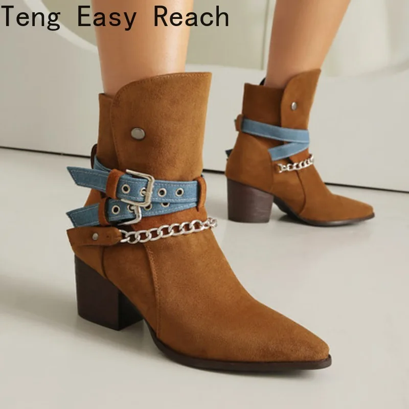 

Женские осенне-зимние ботильоны из искусственной кожи в стиле ретро с острым носком и пряжкой на толстом каблуке, ковбойские сапоги в западном стиле