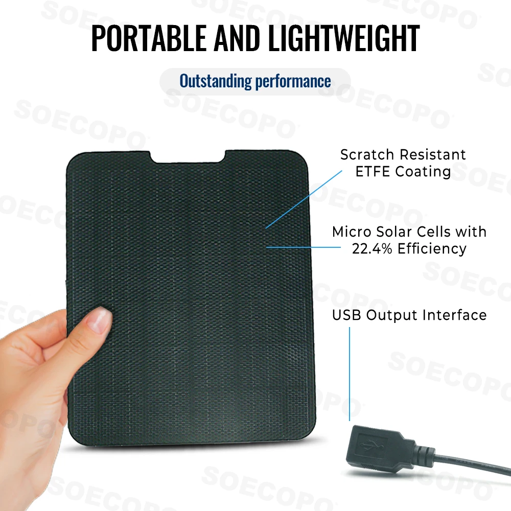 شاحن شمسي صناعي SOECOPO بقدرة 15 وات، طلاء ETFE عالي الكفاءة بنسبة 22.4%، شاحن سريع محمول خارجي مع كابل 3 في 1