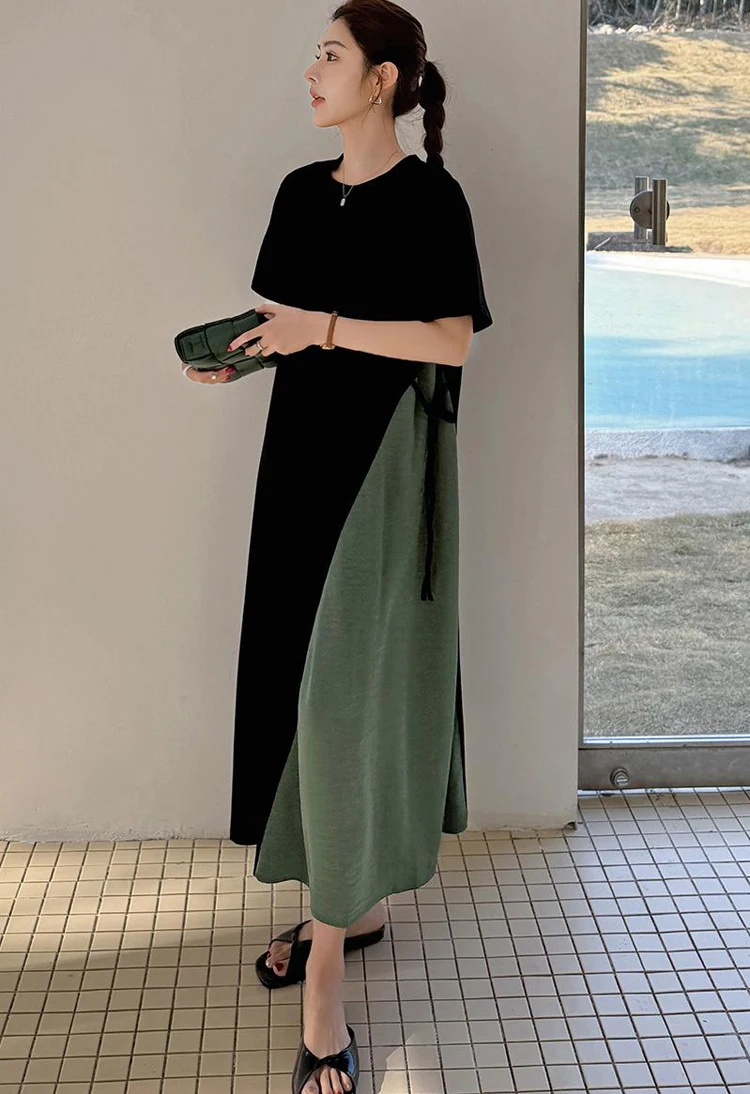 NYFS 2025 Vestido de verano suelto talla grande empalmado ​ ​ Vestidos largos de acetato satinado bata Elbise vestido de mujer de estilo coreano de manga corta