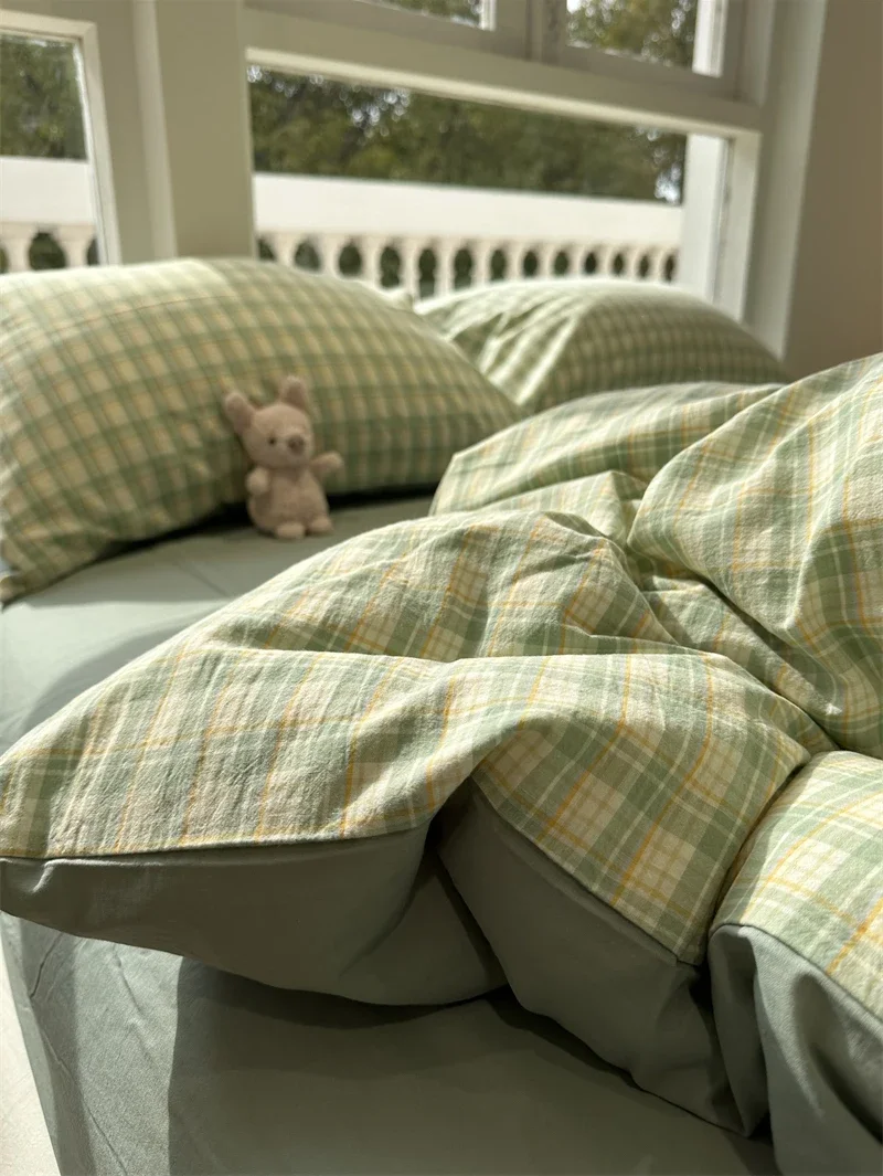ins wind urban washed cotton simple small grid green bed four-piece bed sheet quilt cover