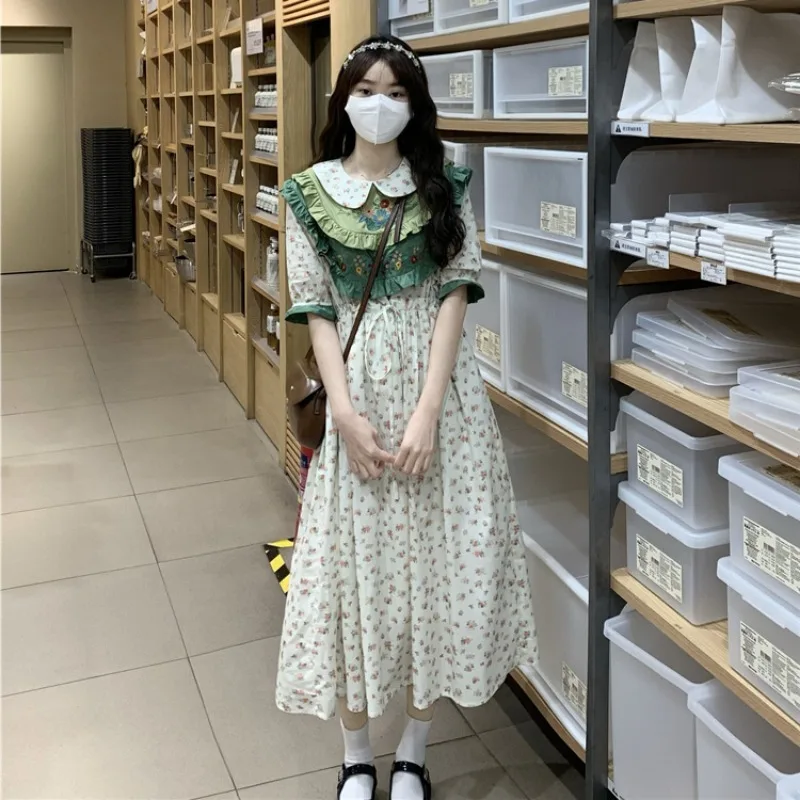 Mori Girl Style Vintage Floral Embroidery Women Dress Summer Sweet Cute College Aesthetic Ruffled Doll Collar A-Line Long Dress