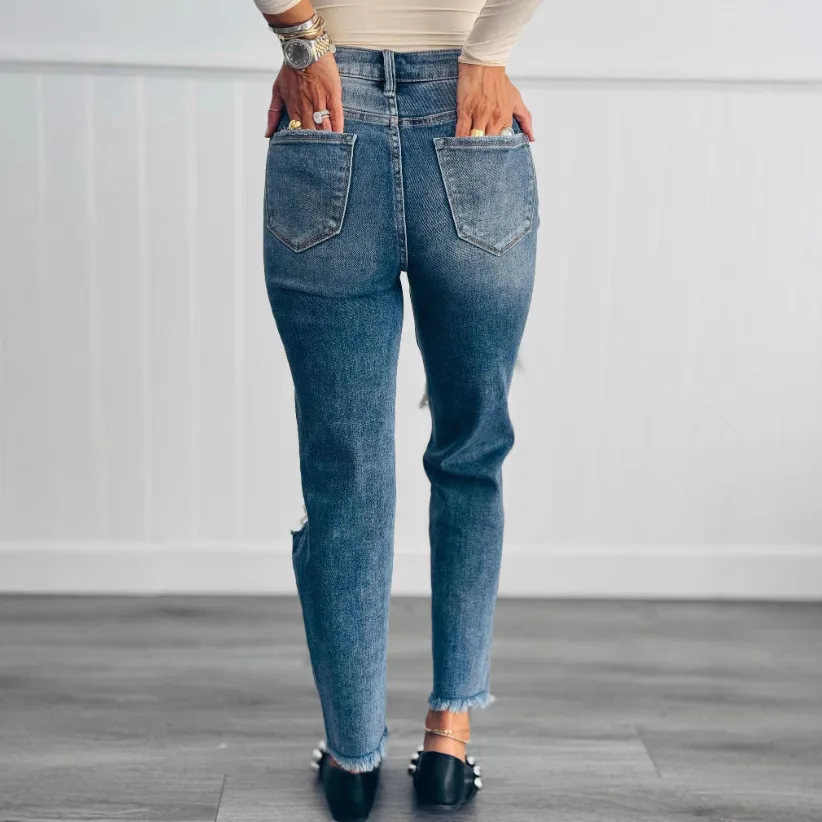 Jeans 2025 Summer New Product European and American High Waist Piercing Small Foot Jeans European and American Style