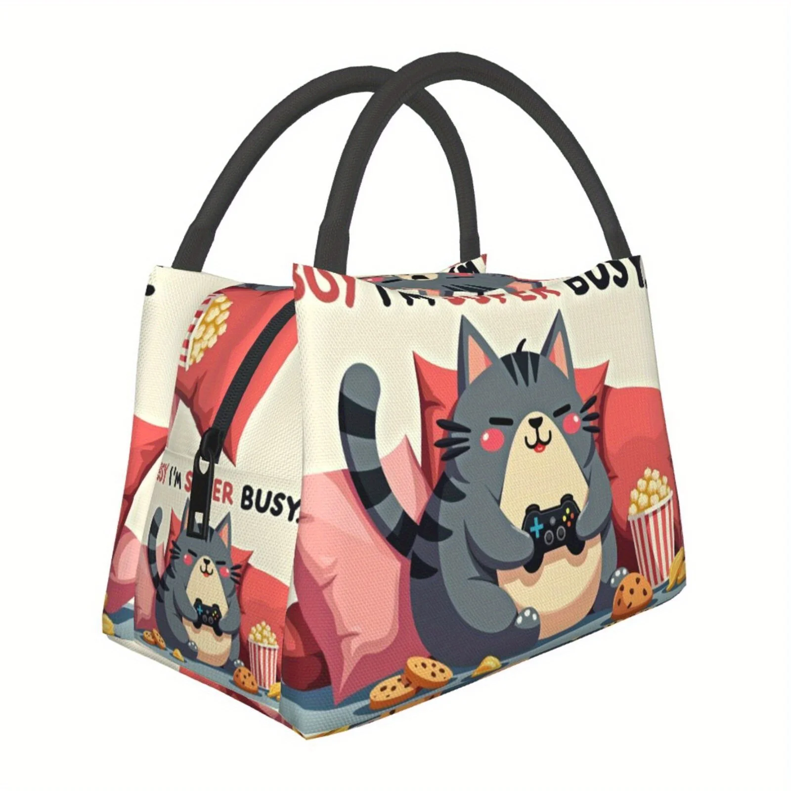 Cute Cat Video Game Print Insulated Lunch Bag Suitable for Travel Office Thermal Seal Zipper Cooler Bag Portable Reusable