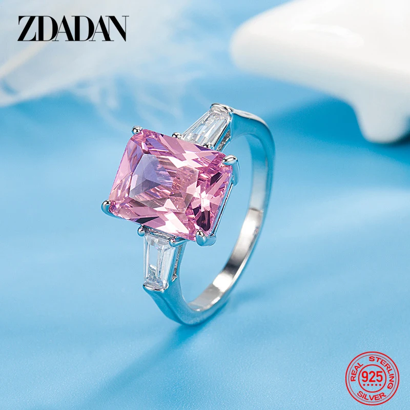 ZDADAN 925 srebrny kwadratowy różowa cyrkonia pierścień dla kobiet moda biżuteria ślubna