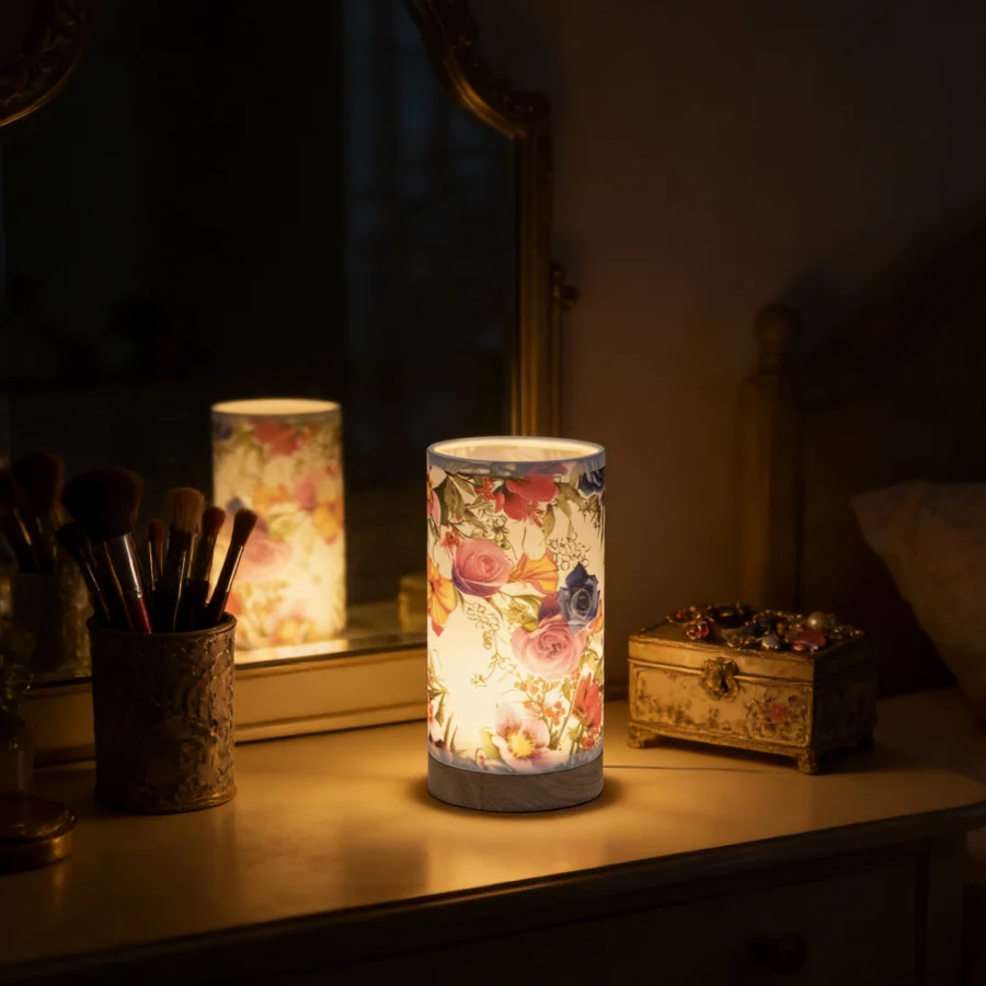 1PC Colorful Garden Flower Table Lamp, Soft Glow Fabric Shade, Minimalist Wooden Base Ambient Light for Home Office