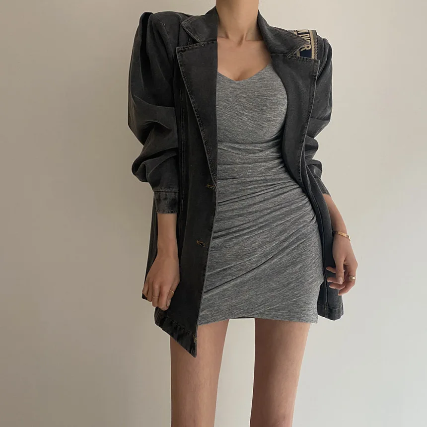 Retro Waed Denim Jaet Abito Bubble Sve da donna Top sciolto Faion Summer Open Ba Miscela di cotone Busin Casual Sle