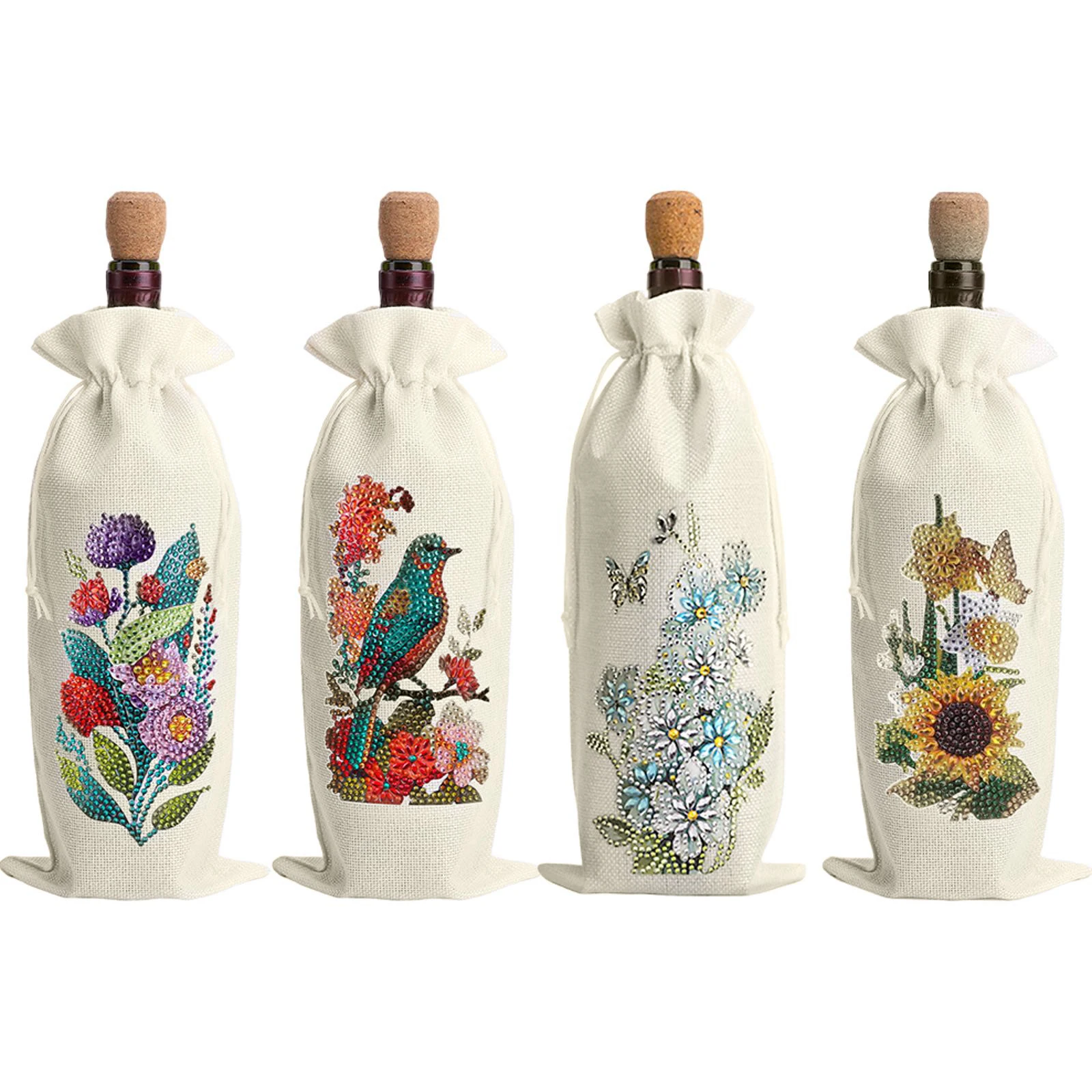 Kit de 4 Piezas para Decorar Botellas de Vino con Diamantes de Imitación (Flor)