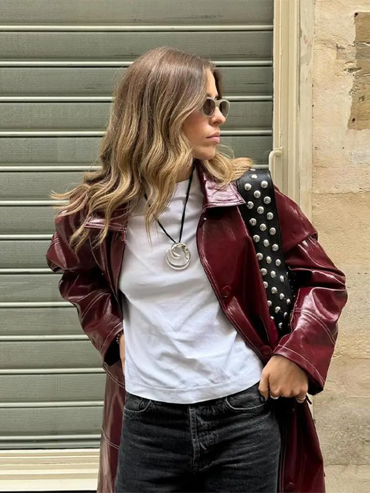 Retro Wine Red Flip Collar Single Breasted Woman Coat Chic Solid Color Full Sleeves Pocket Leather Overcoat New Fall Streetwear