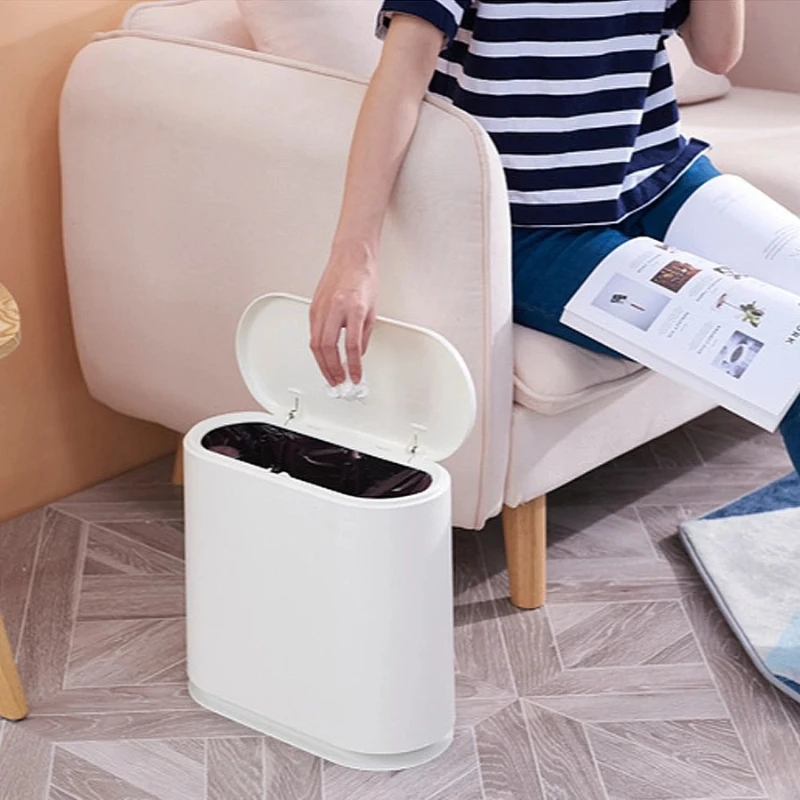 Kitchen Bathroom Trash Bin Can Convenience Storage Bucket Garbage Bin Cleaning Garbage Can Bedroom White Lid Pressing Type