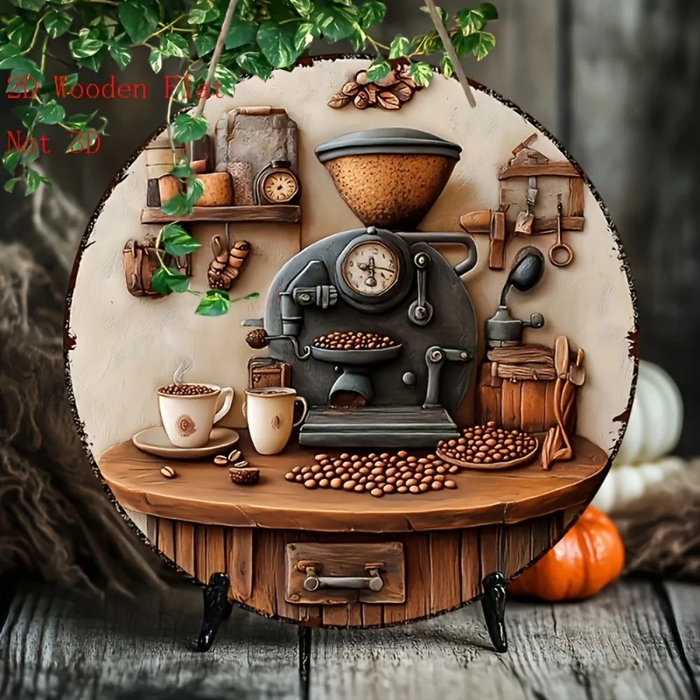 2D Flat Printed Vintage Coffee Decor Sign Rustic Round Wooden Art for Home Kitchen Bar Wall Hanging
