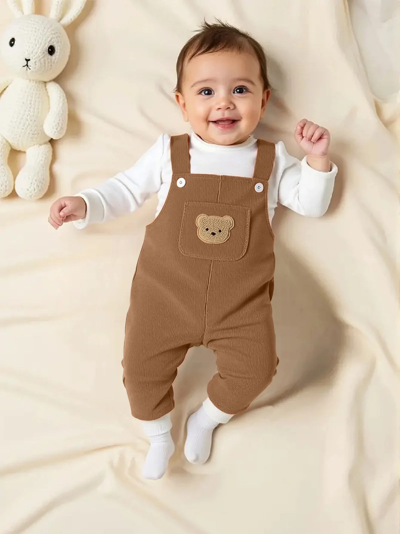 

Corduroy Baby Boy Pants with Cute Bear Pattern And Pocket Design Casual Comfortable All-Season Adjustable Waist Bib Overalls