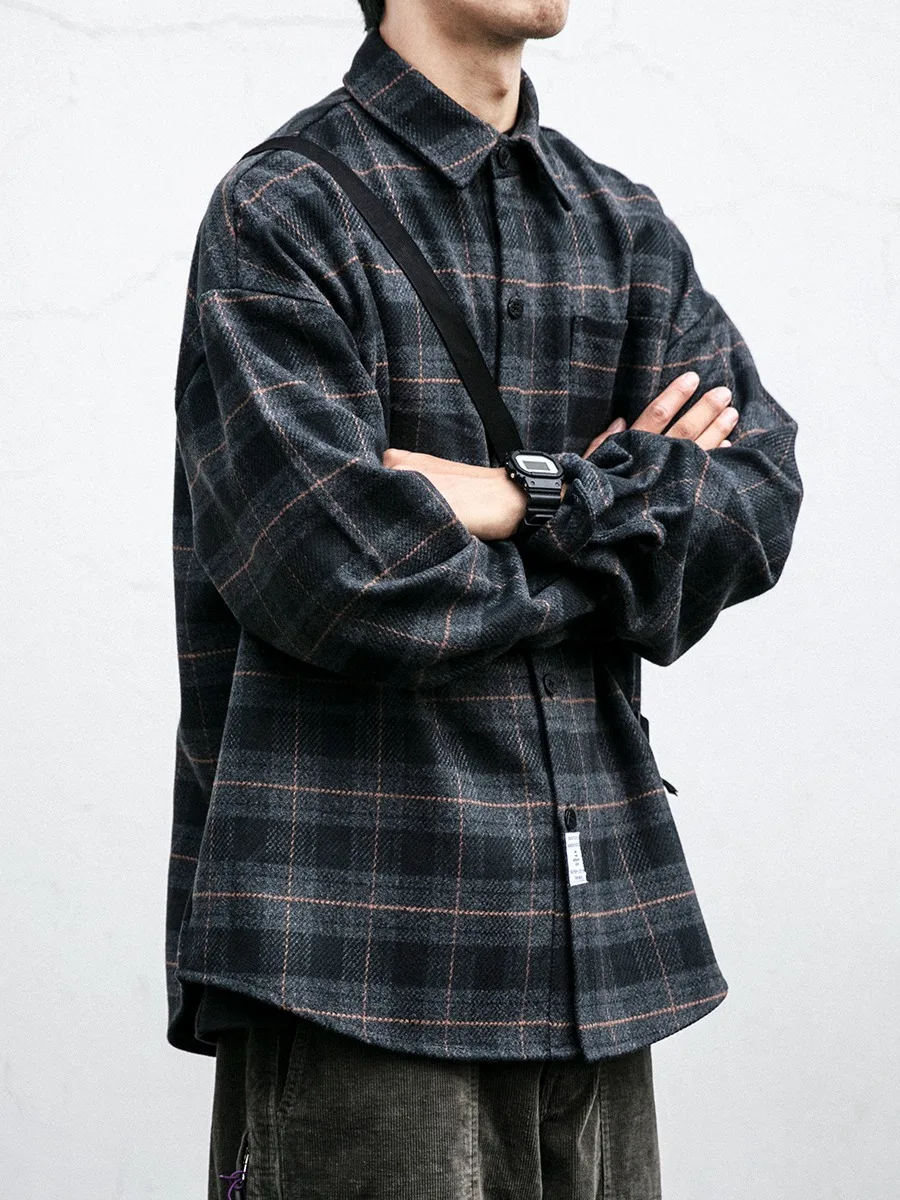 Retro Japanese Style Plaid Shirt Men's Long Sleeve Casual Outerwear Spring Autumn Trendy Brand Loose Fit Button up Youthful