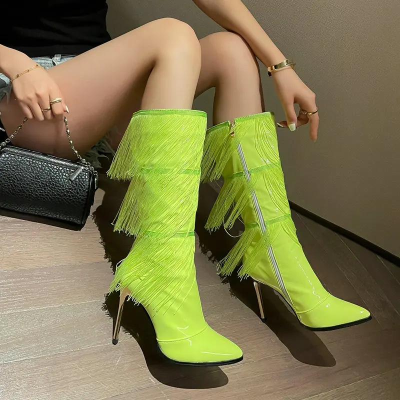 Patent PU Leather Bright Neon Yellow Color Pointed Toe Super Thin High Heels Women Shoes Knee High Boots With Fringes Tassels