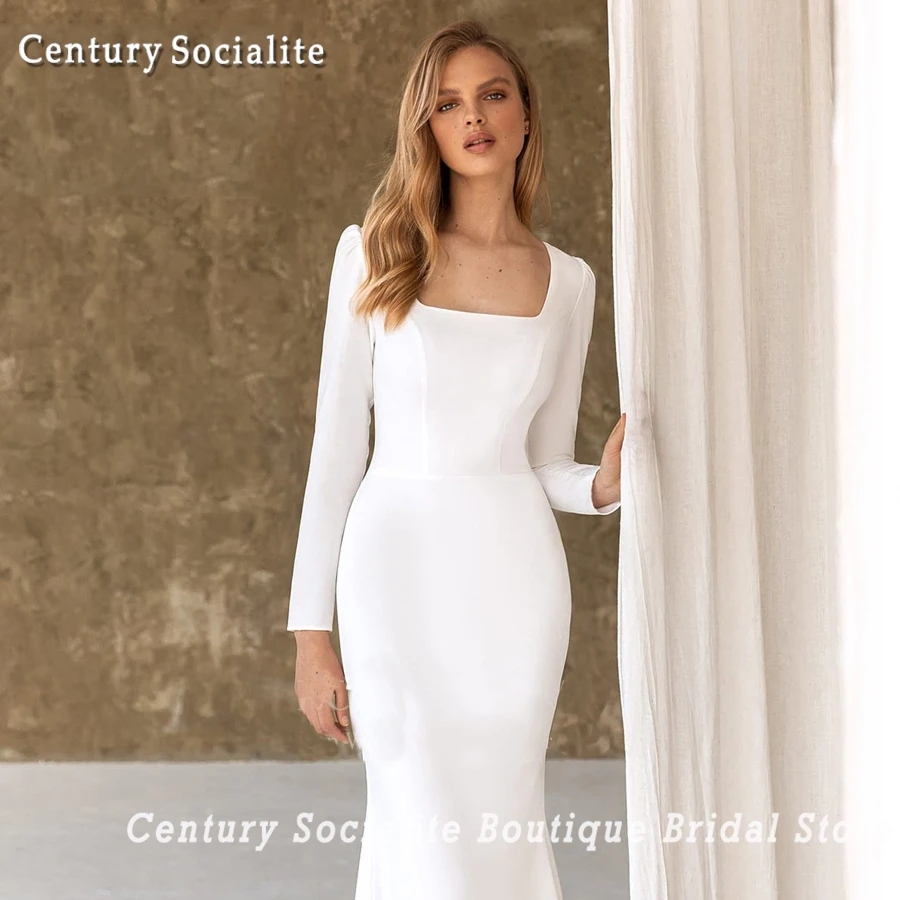 Vestidos de casamento civil sereia manga longa gola quadrada trem varredura elegante vestido de noiva feminino robe de mariée 2025 personalizado