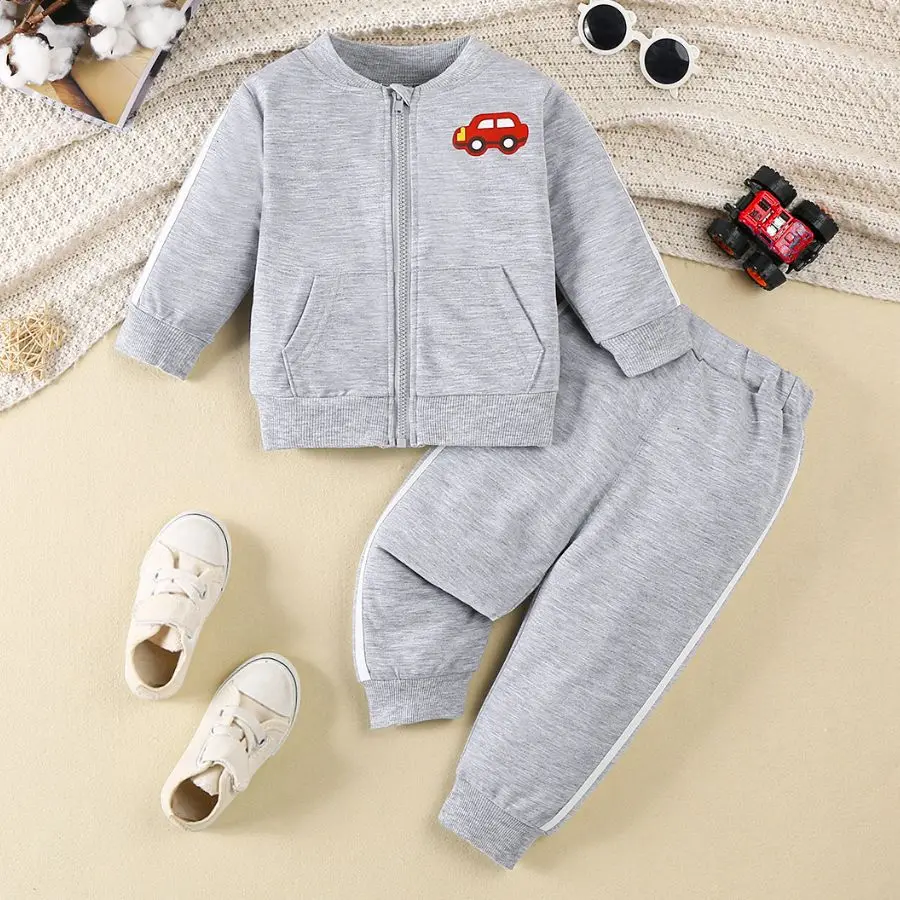 Jungenbekleidung, graues Baseball-Hoodie-Set, Kleinkinder, Kinderkleidung, Autodruck, langärmelige Strickjacke + Hose, 2-teiliges Set, lässige Sportbekleidung