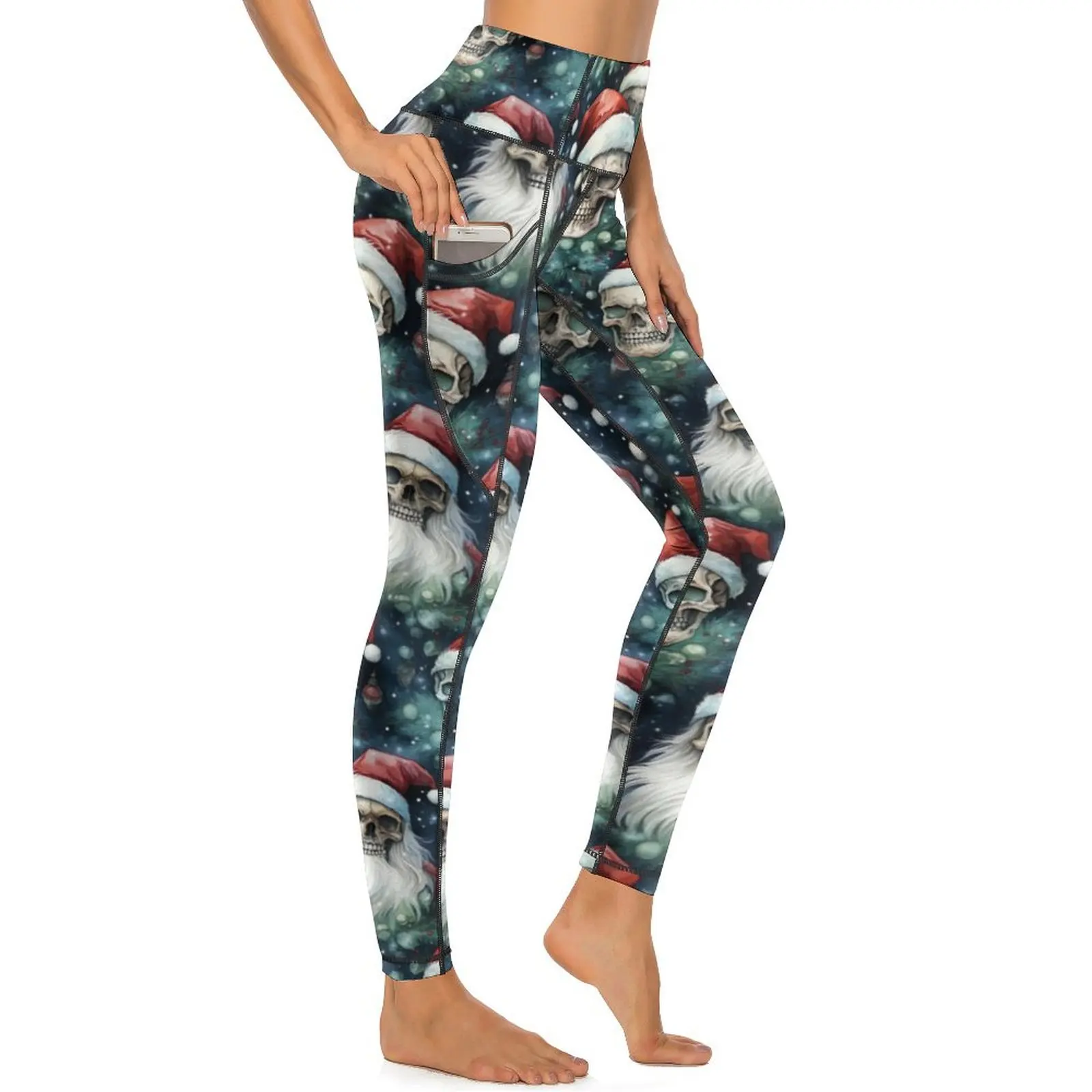 Leggings Gothiques Respirants de Taille Haute à vaccage Rapide, Pantalon de Yoga, Crânes de Noël, Chapeaux de Père Noël, Vert